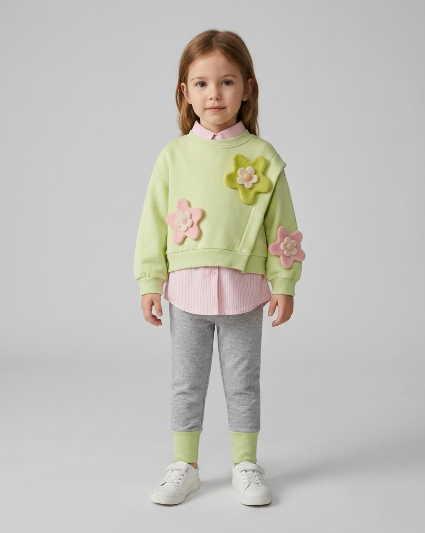 Conjunto niña 3 piezas sudadera y camiseta interior flores 3D ropa infantil,destacada para looks elegantes y sencillos en España