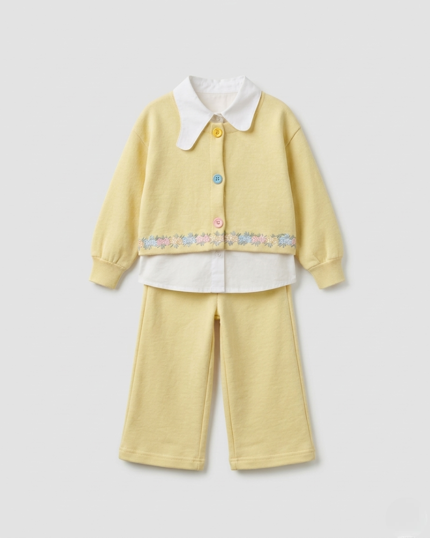 Conjunto niña 3 piezas ropa infantil con suéter bordado floral y camisa blanca,Ideal para primavera y para clima otoña en España