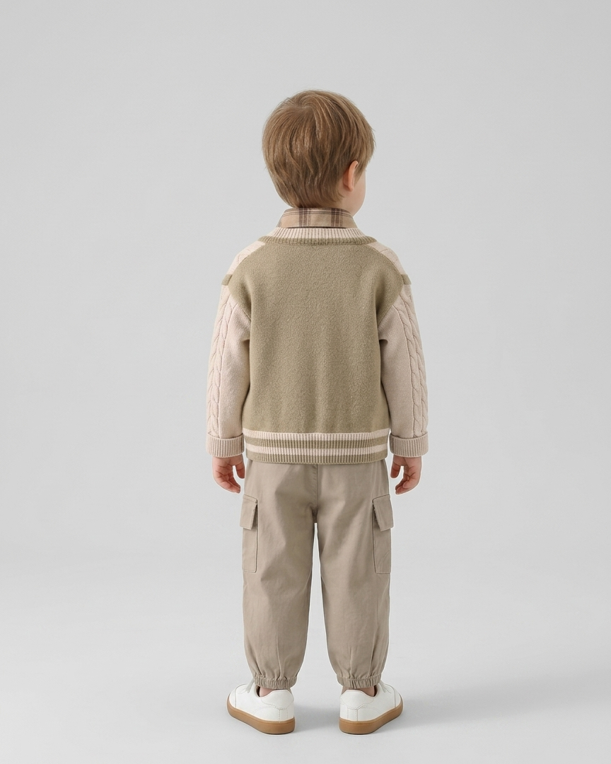 Conjunto bebé niño 3 piezas otoño invierno: camisa cuadros, cárdigan tejido y pantalón ,Ideal para clima otoñal en España
