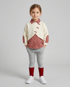 Conjunto niña 3 piezas ropa bebé niña elegante cuadros rojos y suéter crema con leggings de algodón en España