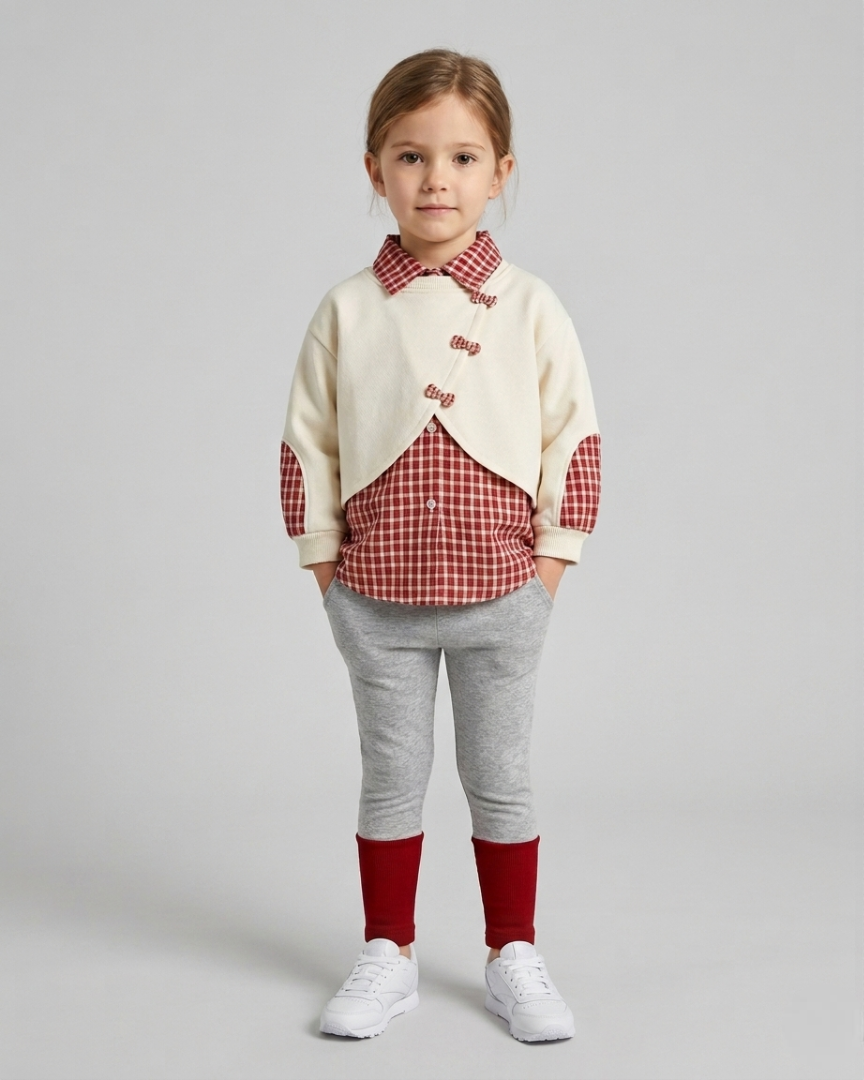 Conjunto niña 3 piezas ropa bebé niña elegante cuadros rojos y suéter crema con leggings de algodón en España