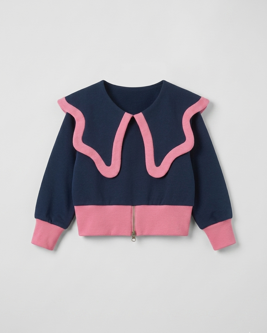 Conjunto niña elegante 2 piezas blusa azul marino con detalles rosas y pantalón vaquero flare con botones dorados