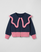 Conjunto niña elegante 2 piezas blusa azul marino con detalles rosas y pantalón vaquero flare con botones dorados