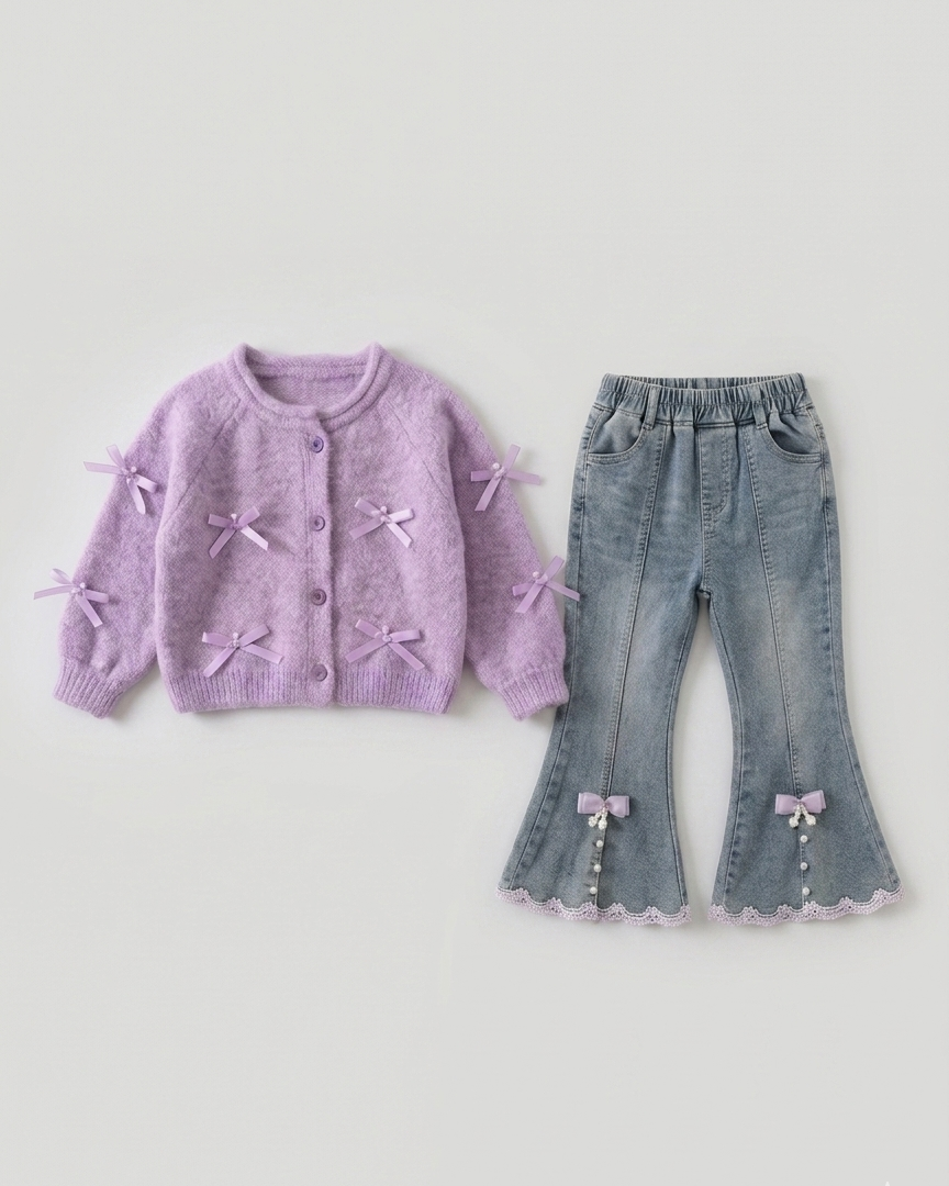 Conjunto niña invierno 2 piezas cárdigan lana suave y pantalón vaquero acampanado en España