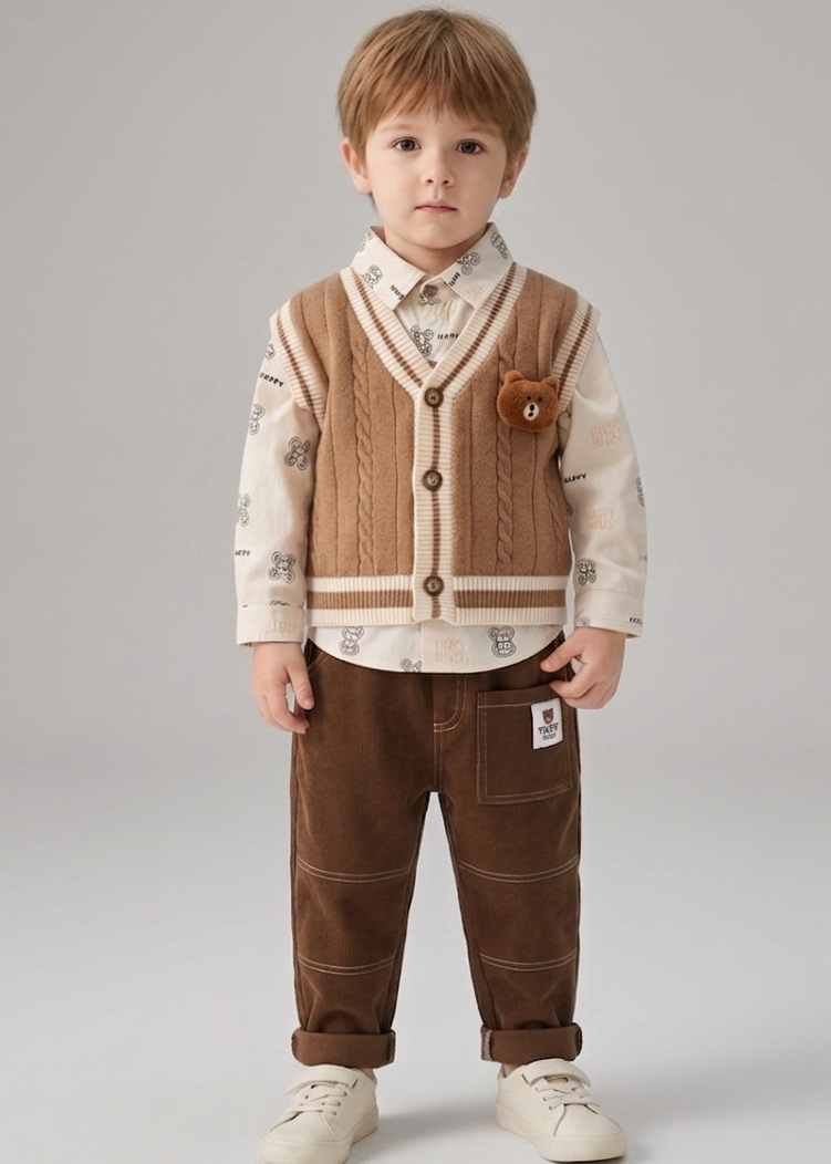 Conjunto niño invierno 3 piezas camisa chaleco de lana y pantalón cómodo vista completa
