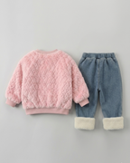 Conjunto niña invierno 2 piezas sudadera felpa y pantalón vaquero acolchado,Ideal para clima otoñal y principios de invierno en España