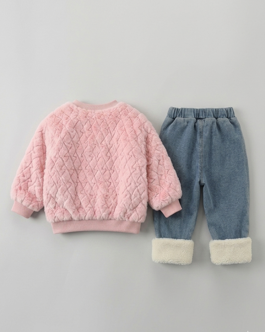 Conjunto niña invierno 2 piezas sudadera felpa y pantalón vaquero acolchado,Ideal para clima otoñal y principios de invierno en España