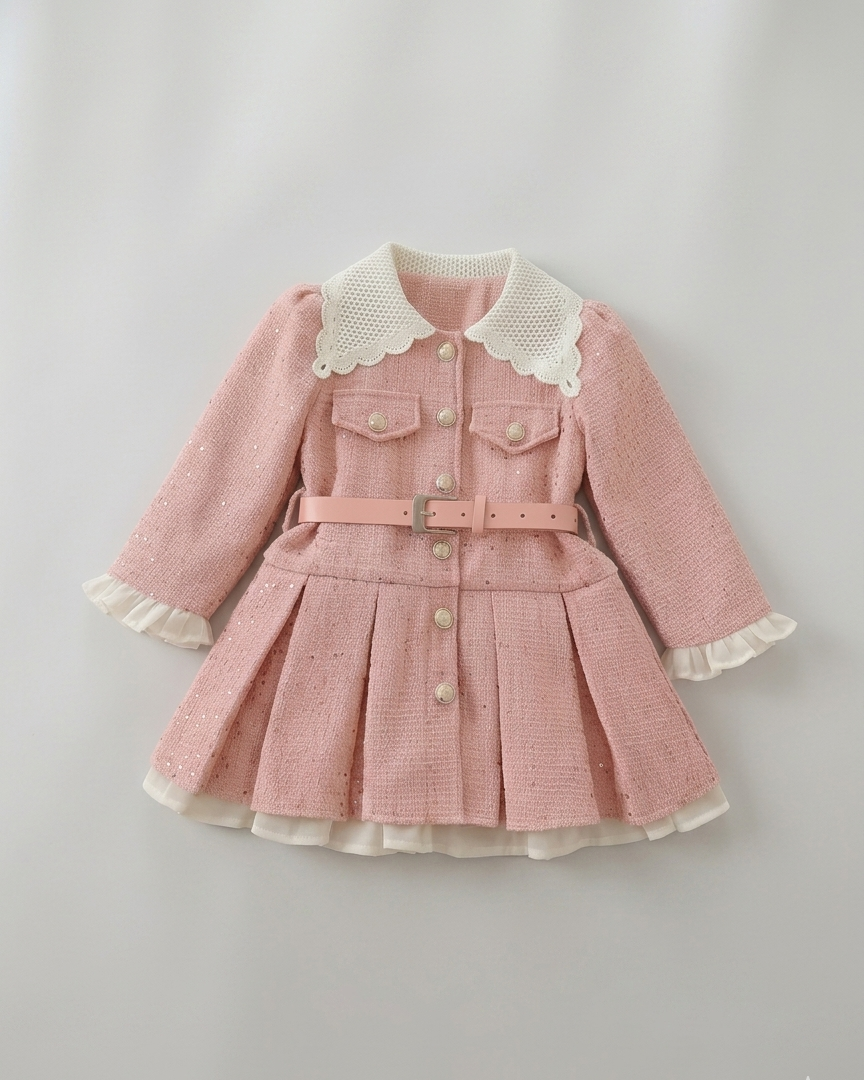 Vestido niña elegante de invierno con cinturón y cuello decorado ropa niña invierno,Ideal para clima otoñal en España