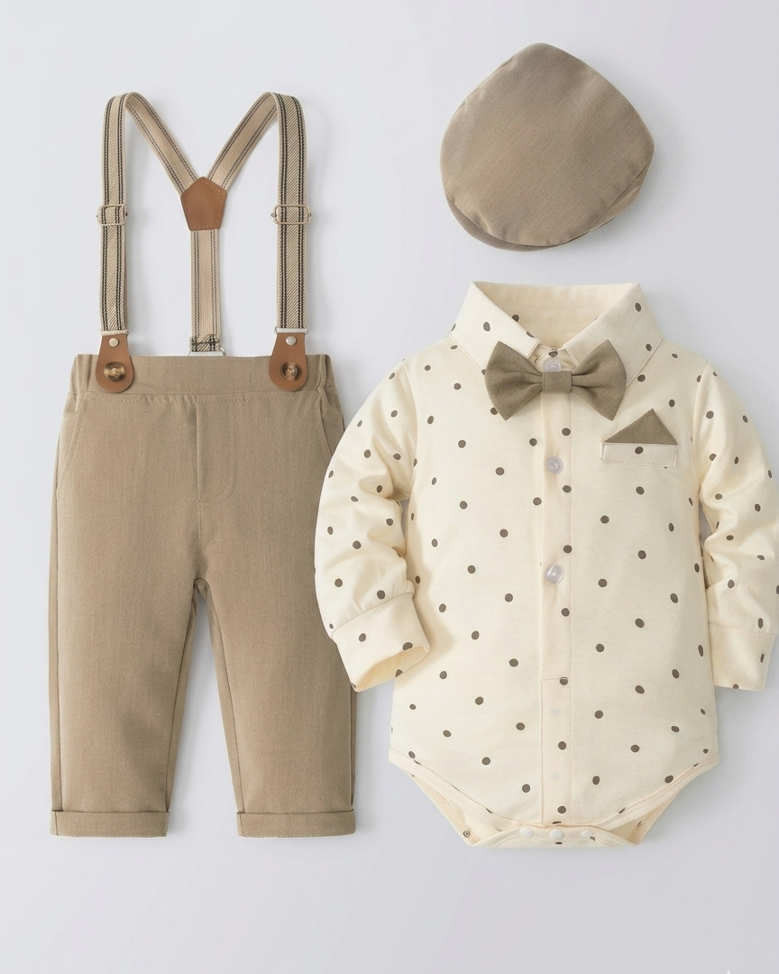 Conjunto bebé niño elegante de 4 piezas con body, pantalón con tirantes, corbata y gorra en España