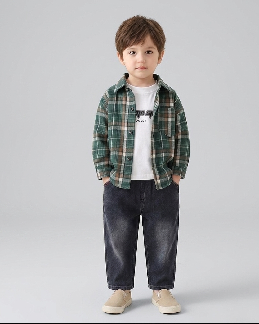 Conjunto niño 3 piezas casual camisa de cuadros y pantalón vaquero ropa infantil outfit niño 