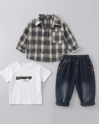 Conjunto niño 3 piezas casual camisa de cuadros y pantalón vaquero ropa infantil vista completa