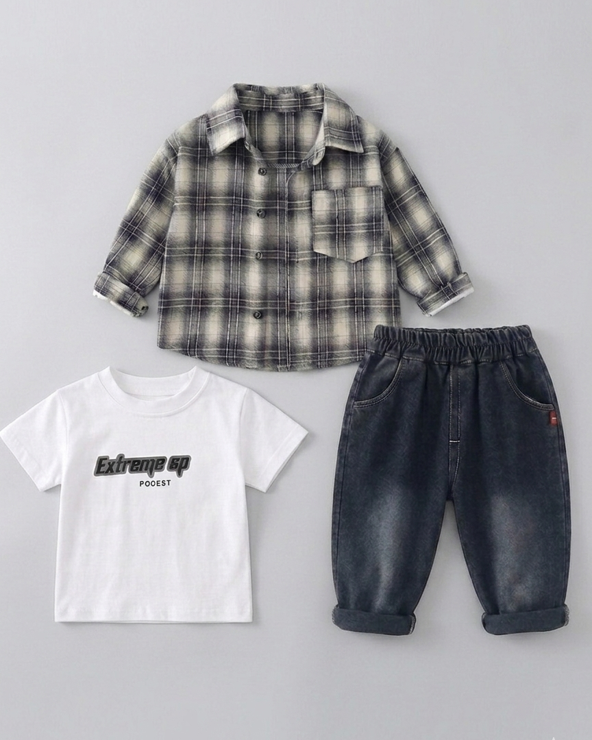 Conjunto niño 3 piezas casual camisa de cuadros y pantalón vaquero ropa infantil vista completa