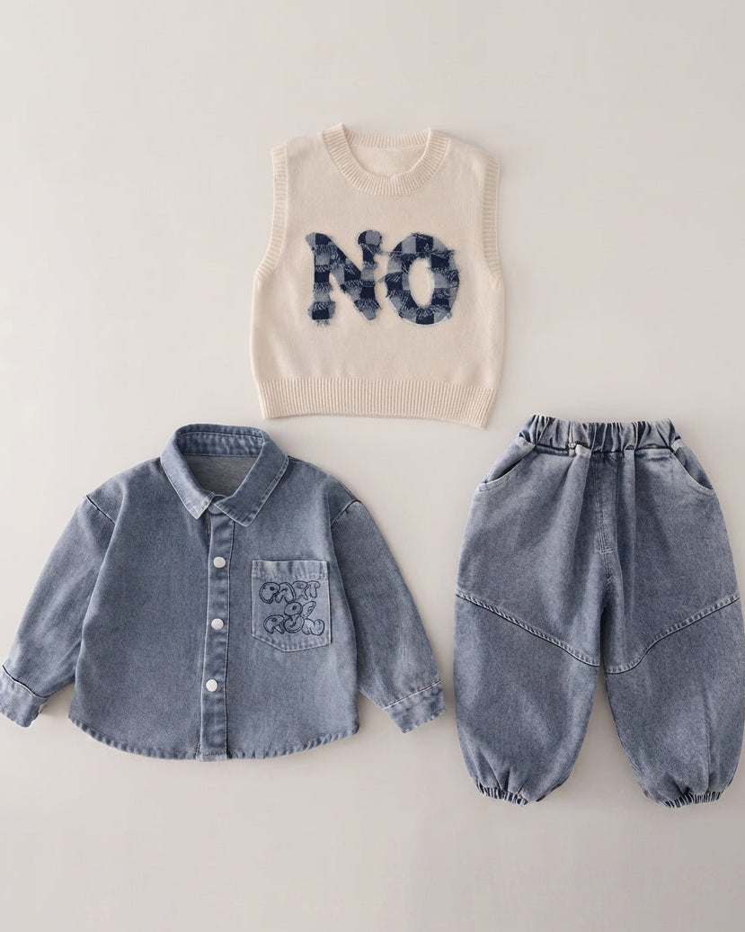 Conjunto Infantil de 3 Piezas para Niño  Camisa Denim, Chaleco de Punto y Pantalón Vaquero