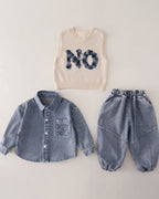 Conjunto Infantil de 3 Piezas para Niño  Camisa Denim, Chaleco de Punto y Pantalón Vaquero