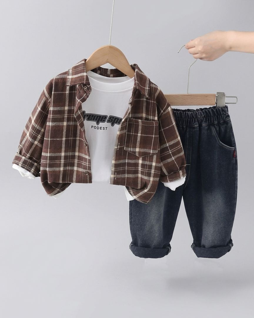 Conjunto niño 3 piezas casual camisa de cuadros y pantalón vaquero ropa infantil outfit niño 