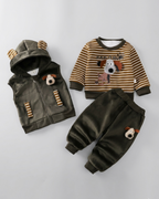 Conjunto niño invierno 3 piezas ropa infantil con osito bordado y chaleco con capucha , Ideal para clima otoñal en España