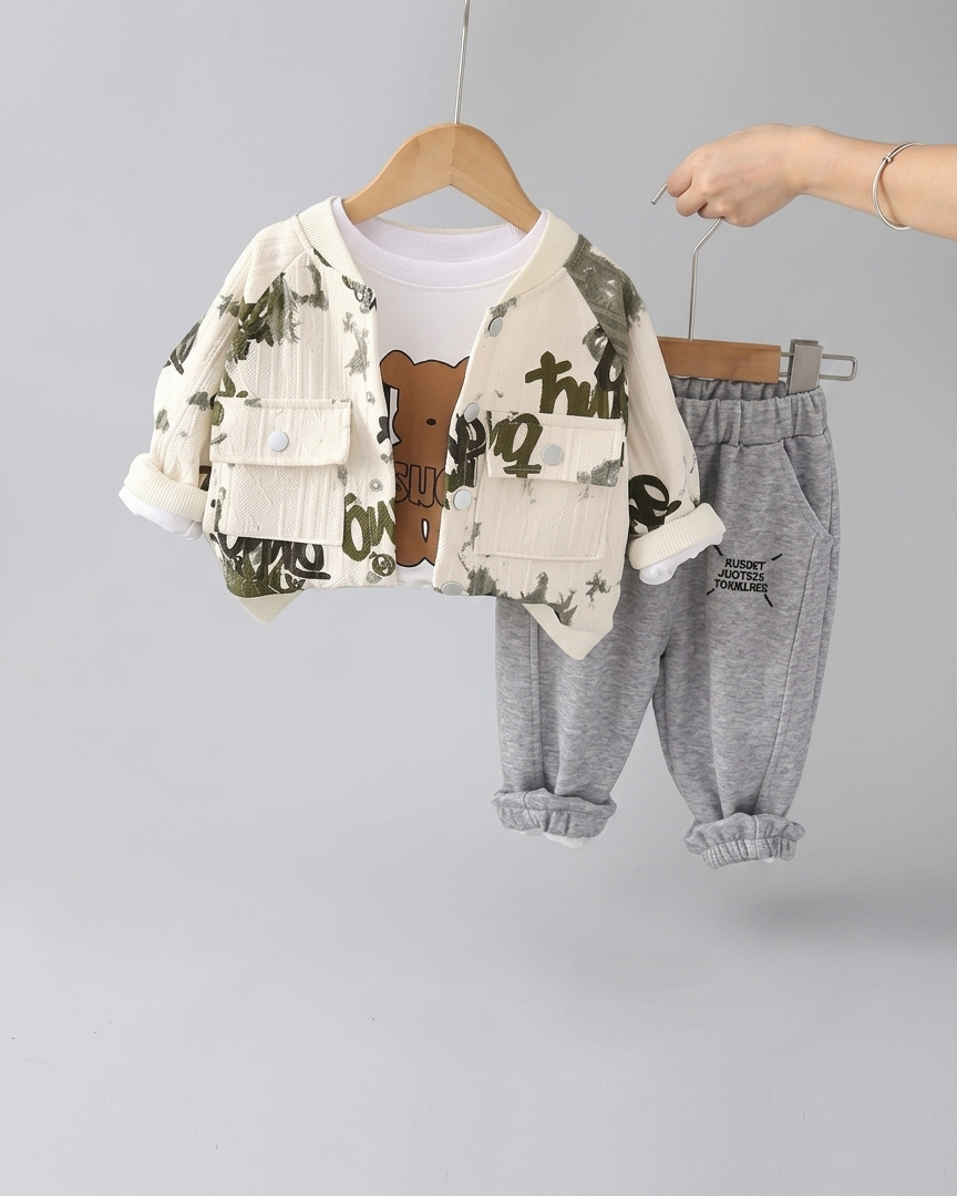 Conjunto bebé y niño 3 piezas ropa bebé: chaqueta estampada, camiseta con oso y pantalón gris cómodo en España