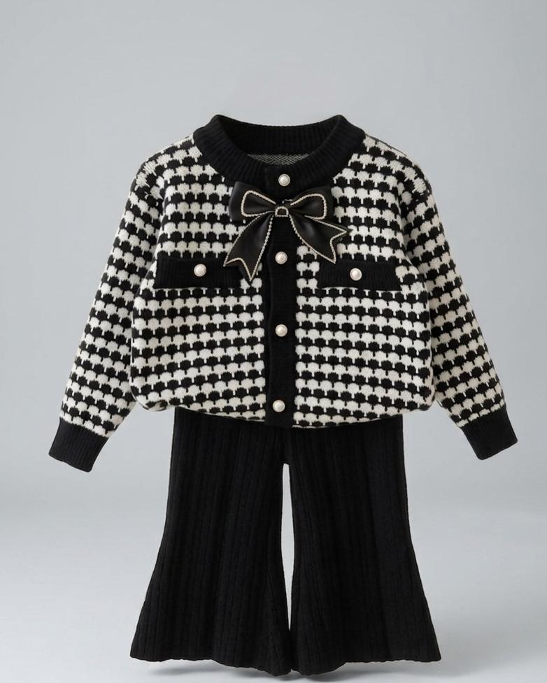 Conjunto niña invierno elegante ropa infantil: chaqueta tejida houndstooth y pantalón en España