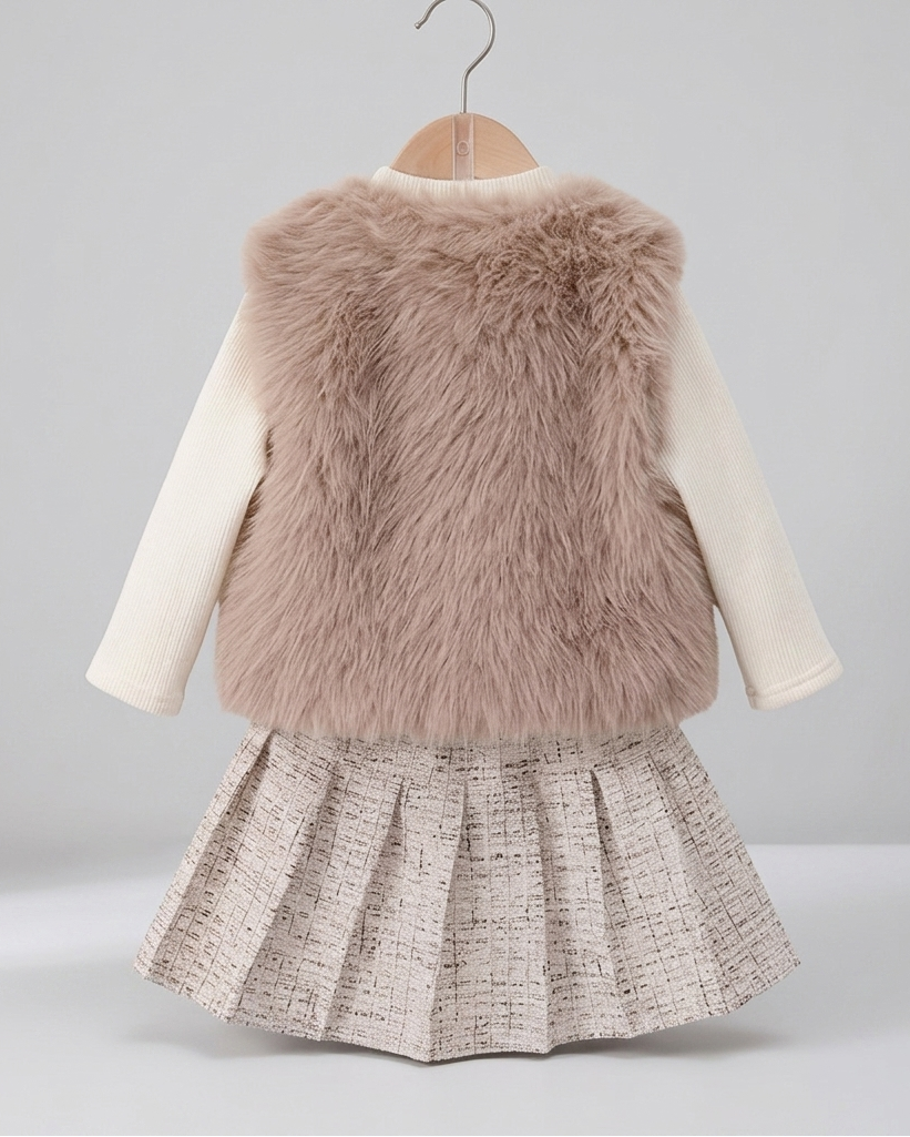 Conjunto niña 3 piezas invierno chaleco de piel, camiseta térmica y falda tweed ,Ideal para clima otoñal en España