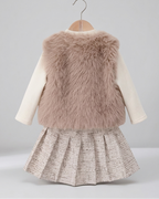 Conjunto niña 3 piezas invierno chaleco de piel, camiseta térmica y falda tweed ,Ideal para clima otoñal en España