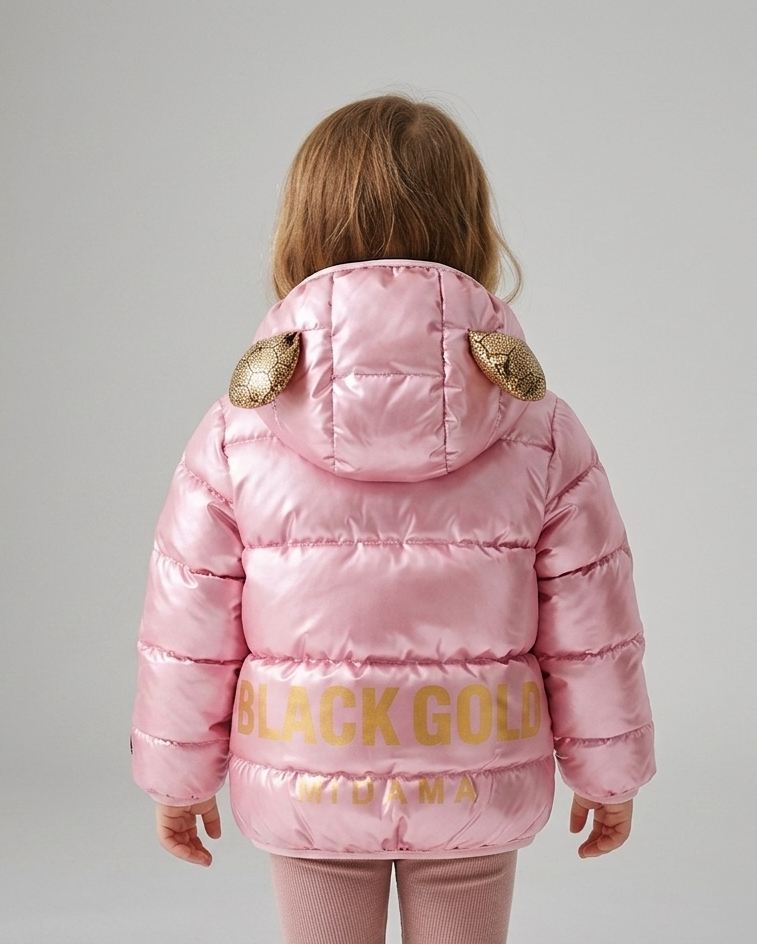 Chaqueta bebé niña y niño invierno impermeable negra con detalles dorados y capucha con orejitas en España