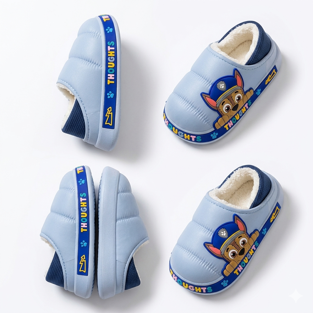 Pantuflas de invierno suaves con forro de piel cálida y diseño de dibujos animados en 3D vista lateral