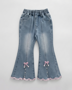 Conjunto niña 3 piezas: camisa rosa, suéter de punto suave y pantalón vaquero con encaje en España