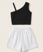 Conjunto de niña con top de espalda cruzada y shorts con flores 3D