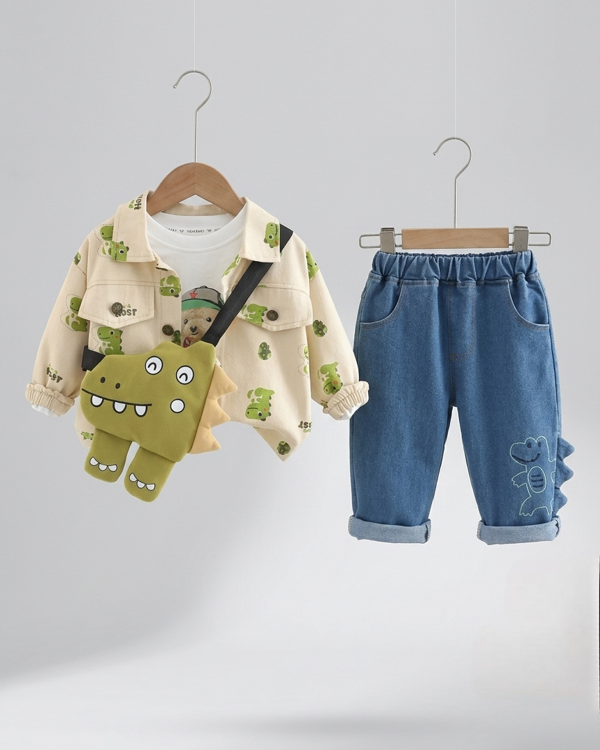 Conjunto infantil 3 piezas dinosaurios para niño: camiseta estampada, interior ligero y pantalón vaquero en España