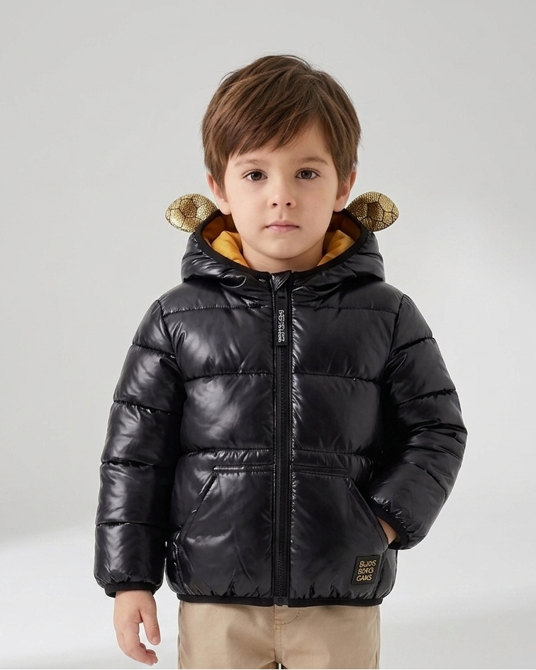 Chaqueta bebé niña y niño invierno impermeable negra con detalles dorados y capucha con orejitas en España
