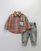 Conjunto niño cuadros elegante de dos piezas con camisa de cuadros y pantalón denim  niño cuadros en España