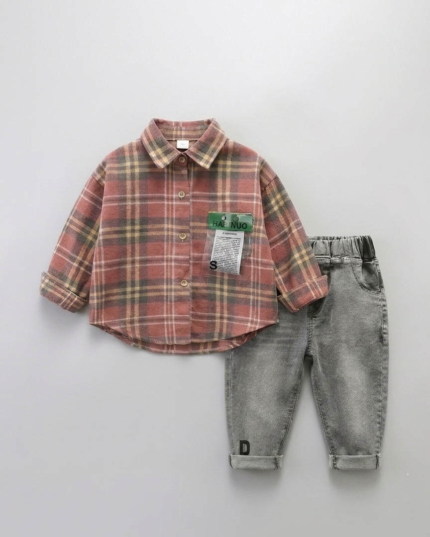 Conjunto niño cuadros elegante de dos piezas con camisa de cuadros y pantalón denim  niño cuadros en España
