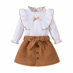 Conjunto de 2 piezas: blusa blanca con volantes y falda de pana con lazo 🤍🎀