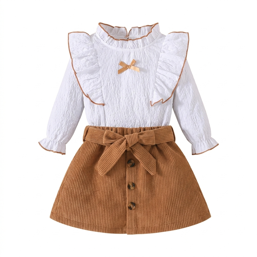 Conjunto de 2 piezas: blusa blanca con volantes y falda de pana con lazo 🤍🎀