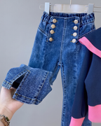 Conjunto Niña Elegante 2 Piezas Blusa Azul Marino y Vaquero Flare