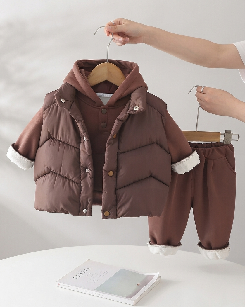 Conjunto Infantil de Invierno 3 Piezas con Chaleco Acolchado, Sudadera con Capucha y Pantalón