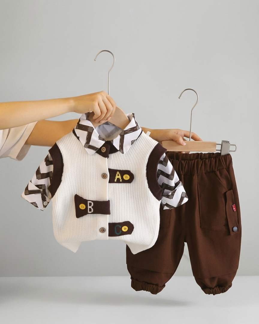 Conjunto bebé 3 piezas invierno chaleco lana camisa estampada y pantalón cómodo en España