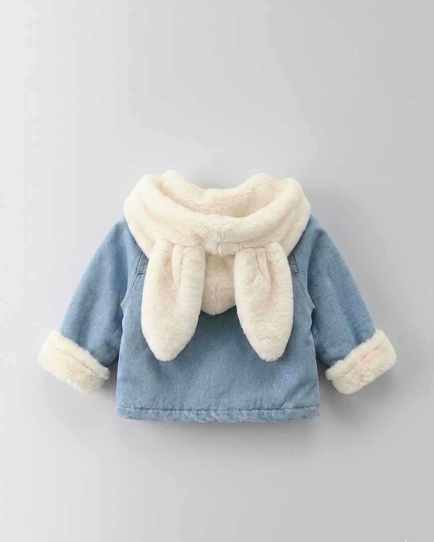 Chaqueta vaquera niña invierno con forro cálido y capucha de peluche con orejitas, Ideal para clima otoñal  en España