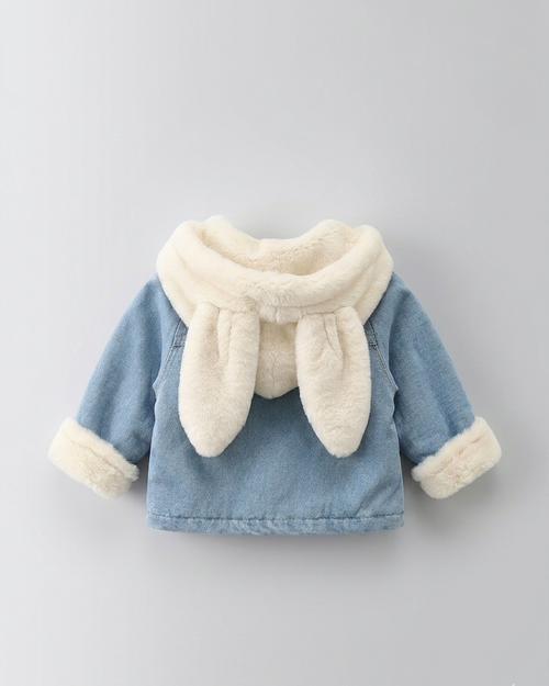 Chaqueta vaquera niña invierno con forro cálido y capucha de peluche con orejitas, Ideal para clima otoñal  en España