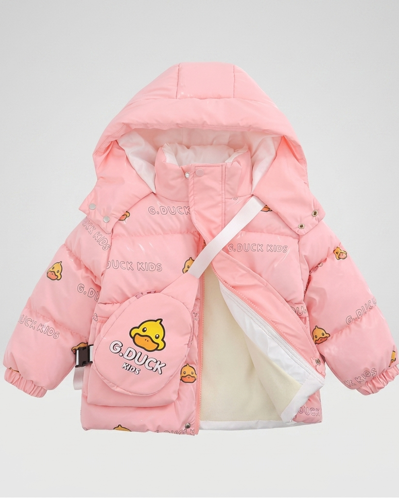 Chaqueta infantil de invierno con capucha y estampado de patitos   acolchada  con bolsita a juego en España