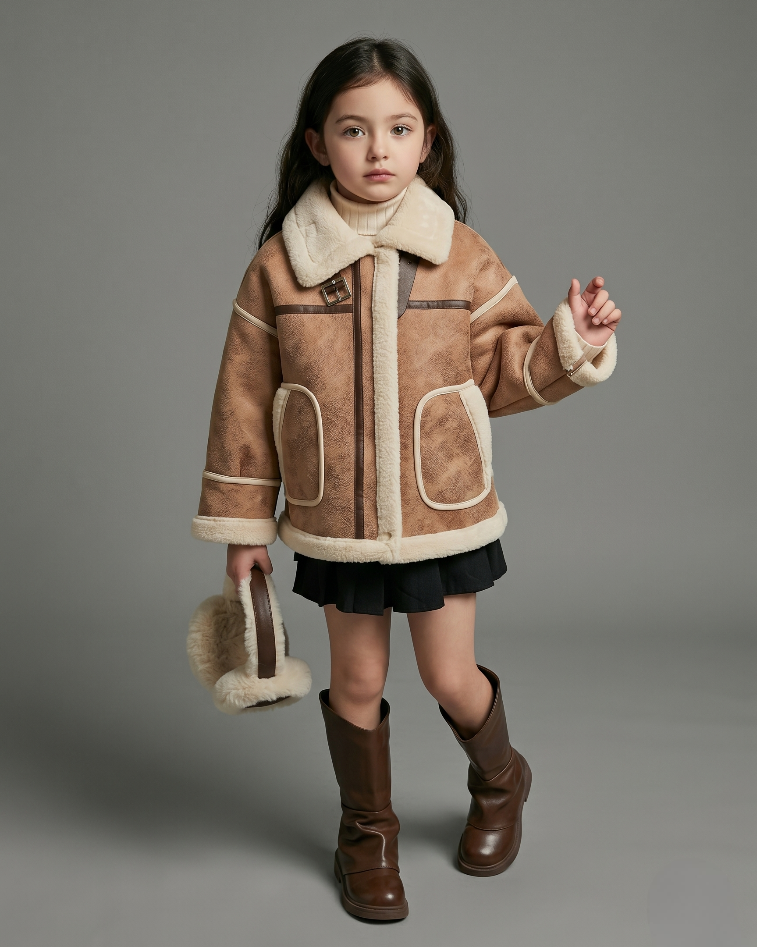 Chaqueta de invierno infantil de piel sintética con forro polar sherpa cuello alto y diseño moderno en España