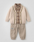 Conjunto bebé niño 3 piezas otoño invierno: camisa cuadros, cárdigan tejido y pantalón ,Ideal para clima otoñal en España