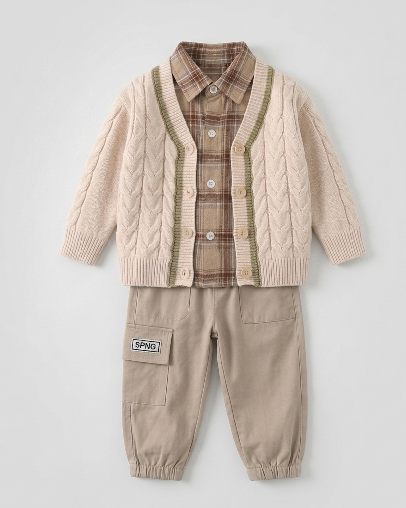 Conjunto bebé niño 3 piezas otoño invierno: camisa cuadros, cárdigan tejido y pantalón ,Ideal para clima otoñal en España
