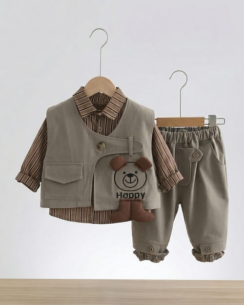 Conjunto bebé 3 piezas algodón con chaleco y osito desmontable vista completa