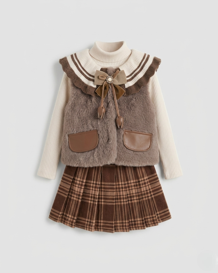Conjunto niña 3 piezas elegante ropa bebé niña con chaleco de lana y falda de cuadros,Ideal para clima otoñal  en España