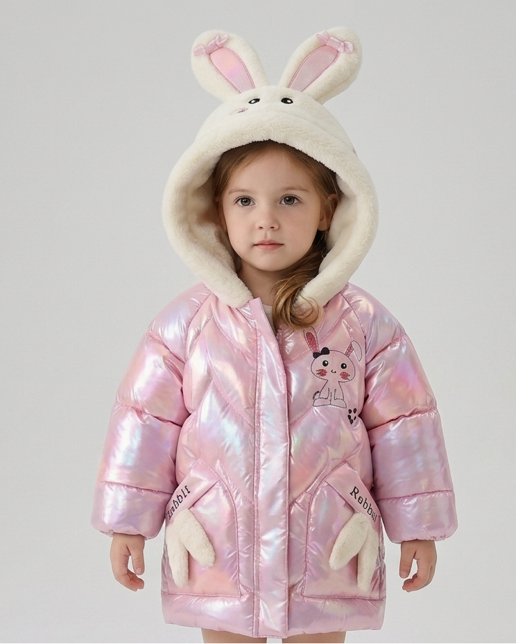 Chaqueta niña acolchada de invierno con capucha de peluche y orejas de conejo en relieve 3D abrigo , en España
