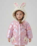 Chaqueta niña acolchada de invierno con capucha de peluche y orejas de conejo en relieve 3D abrigo , en España