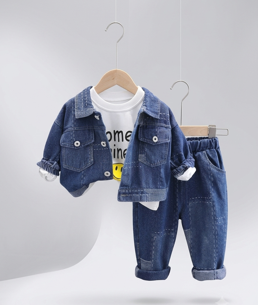 Conjunto vaquero de 3 piezas: chaqueta, camiseta y pantalón  ropa infantil , Ideal para primavera y para clima otoñal ,perfecto para los niños en España