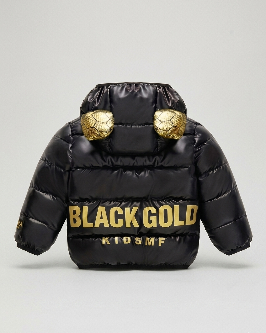 Chaqueta bebé niña y niño invierno impermeable negra con detalles dorados y capucha con orejitas en España