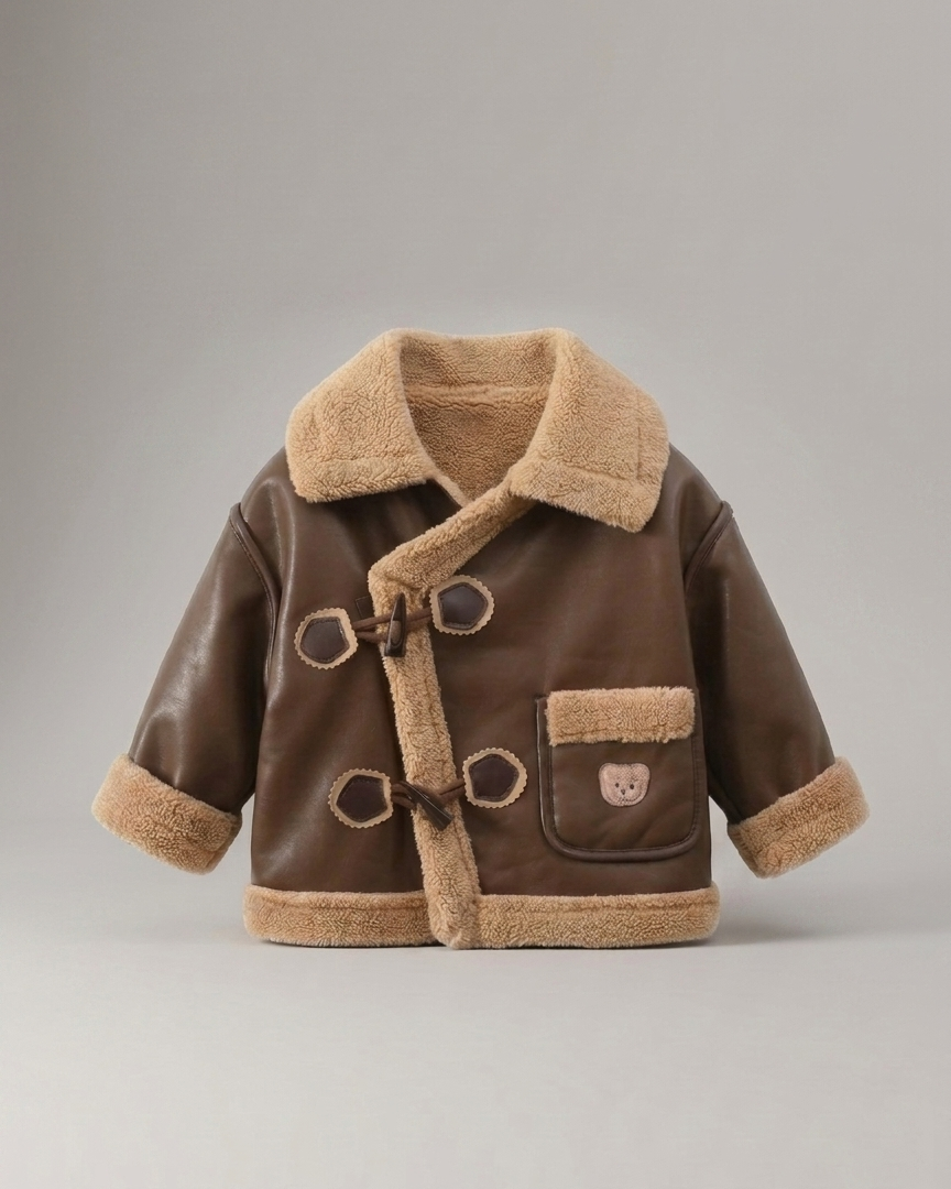 Chaqueta de invierno niño y niña estilo cuero con forro sherpa cálido vista completa